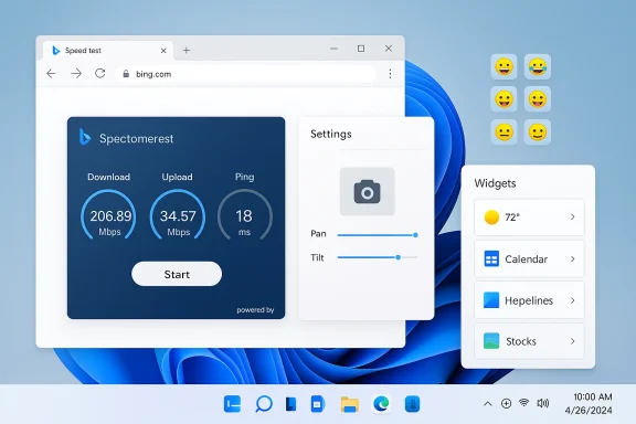 Windows 11 desktop with floating app cards including Speed Test, Settings, and Widgets.