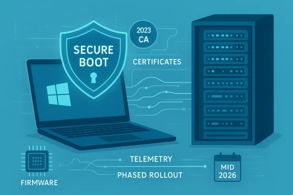 Illustration of secure boot with certificates, telemetry, and phased firmware rollout.