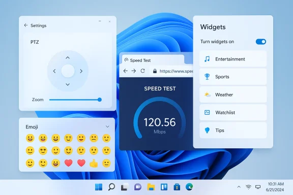 Windows 11-style UI panels featuring Settings, Speed Test, Emoji, and Widgets.