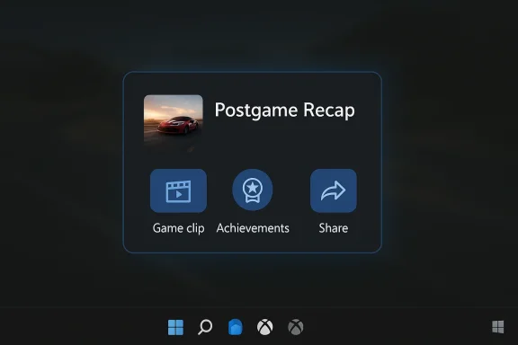 Postgame recap panel with a car thumbnail and options: Game clip, Achievements, Share.