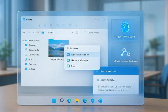 Futuristic laptop screen with AI Actions panel offering Generate caption, Generate image, and Blur.