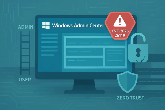 Windows Admin Center displays CVE-2026-26119 warning with a padlock and zero-trust shield. Windows Admin Center displays CVE-2026-26119 warning with a padlock and zero-trust shield.