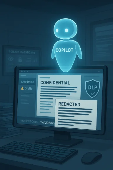 A glowing holographic COPILOT hovers above a monitor displaying confidential and redacted documents.