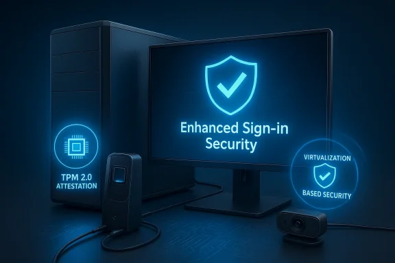 Blue-hued PC setup highlighting Enhanced Sign-in Security and TPM 2.0 attestation.