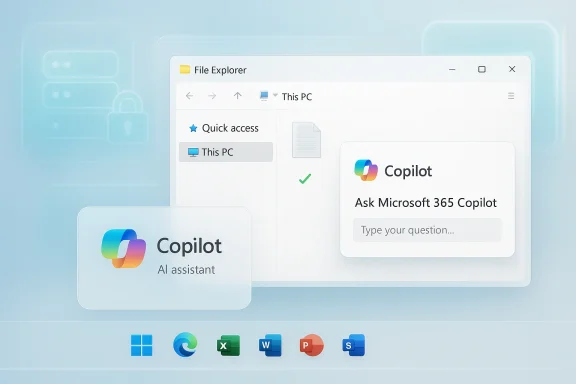 Windows 11-style desktop showing Copilot AI assistant integrated into File Explorer.