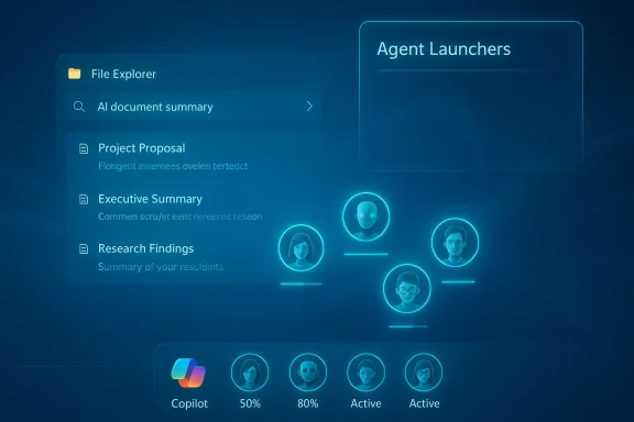 Futuristic blue UI with an Agent Launchers panel, a File Explorer, and glowing avatar nodes.