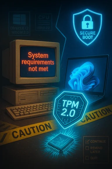 Retro computer displays System requirements not met, with glowing TPM 2.0 and Secure Boot icons.