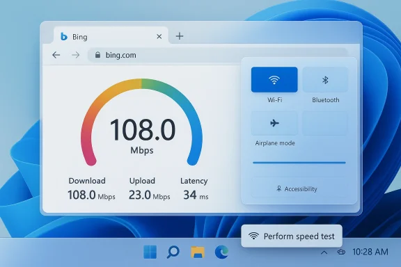Windows-style browser shows a speed test: 108 Mbps down, 23 Mbps up, 34 ms latency. Windows-style browser shows a speed test: 108 Mbps down, 23 Mbps up, 34 ms latency.