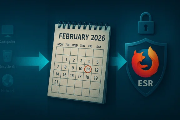 A February 2026 calendar shows February 14 circled, flanked by tech icons and an ESR shield.