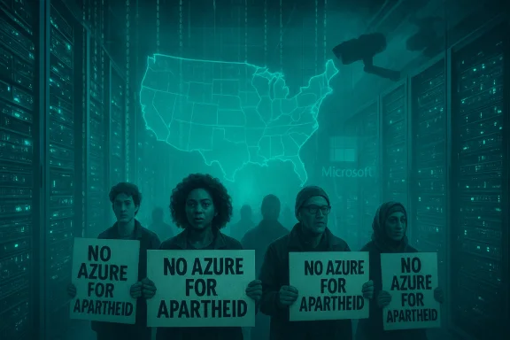 Protesters in a data center hold 'No Azure for Apartheid' signs under a glowing map of the United States.