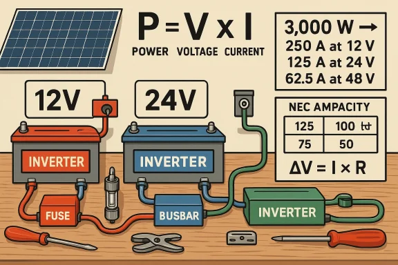 Cartoon of a solar power setup: panel feeding 12V/24V inverters, busbar, fuse, and wiring.