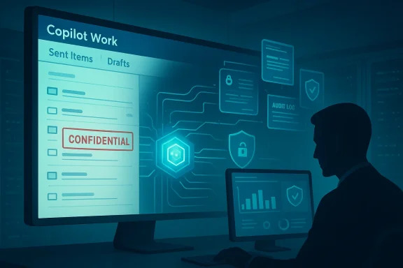 A person at a desk reviews confidential items on a Copilot Work dashboard.