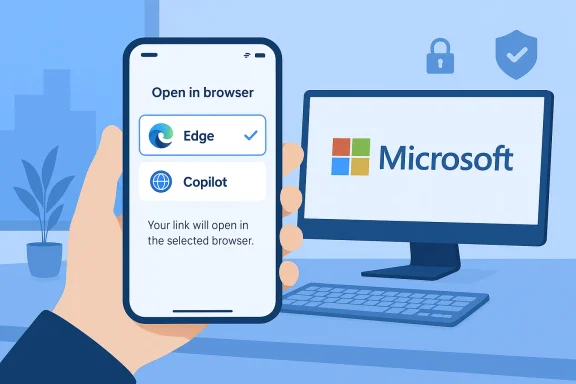 A hand holds a smartphone showing 'Open in browser' with Edge selected, beside a Microsoft monitor.
