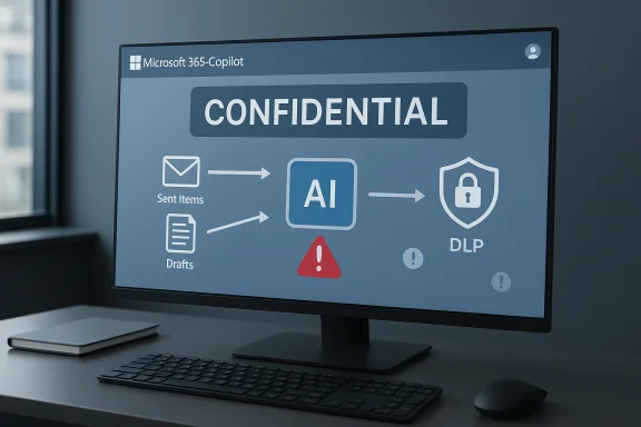 Microsoft 365 Copilot screen labeled CONFIDENTIAL, showing an AI workflow from emails and drafts to DLP.