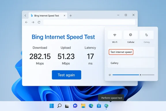 Windows desktop showing Bing Internet Speed Test results: 282.15 Mbps down, 51.23 Mbps up.