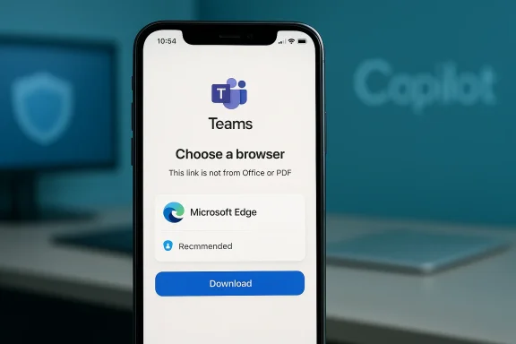 Phone screen shows Teams prompting to choose a browser, with Microsoft Edge and a Download button.