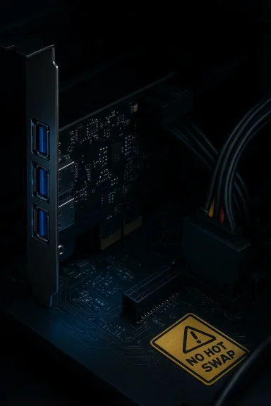 Close-up of a PC expansion card with blue USB 3.0 ports and a No Hot Swap warning.