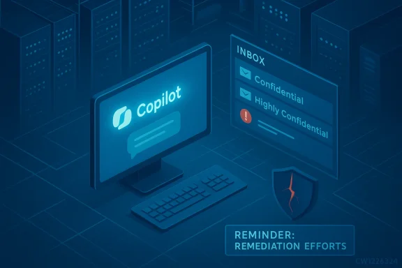 Blue data-center scene with Copilot monitor, confidential inbox alerts, and a remediation reminder.
