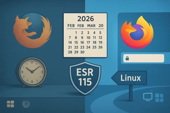 A tech collage featuring Firefox logos, a 2026 calendar, ESR 115 shield, a clock, and a Linux sign.