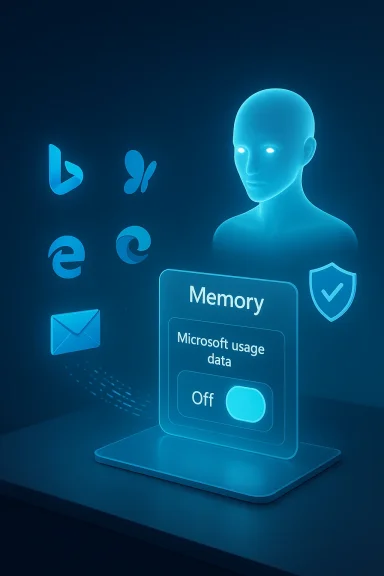 A blue holographic figure observes memory settings, with an Off switch for Microsoft usage data.