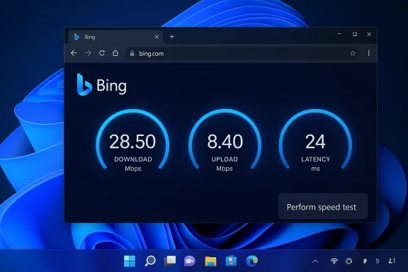 Bing speed test results show 28.50 Mbps download, 8.40 Mbps upload, and 24 ms latency on Windows.