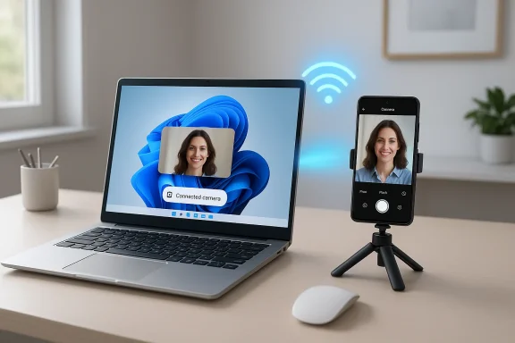 Laptop and smartphone wirelessly connected for a video call, displaying a smiling woman on screen.