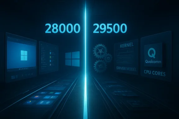 Futuristic blue split-screen compares 28,000 vs 29,500 CPU performance benchmarks.