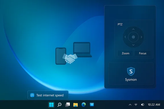 Blue Windows desktop featuring a large PTZ remote panel, a Sysmon shield, and a “Test internet speed” widget.