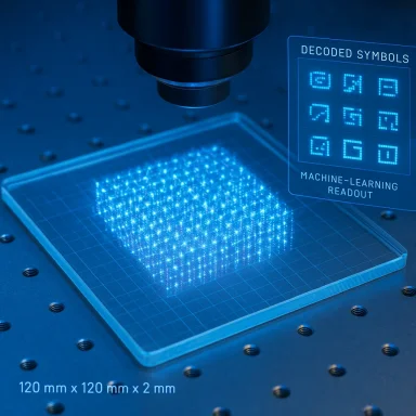 Blue-lit microchip under a microscope with a holographic machine-learning readout.