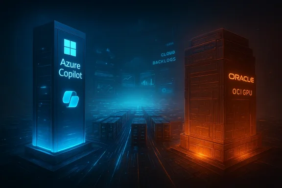 Futuristic data center with a glowing blue Azure Copilot server and an orange Oracle OCI GPU server.
