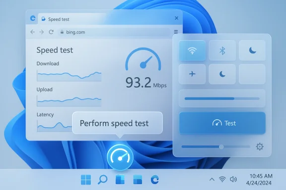 A Windows-style UI displaying a speed test at 93.2 Mbps with download/upload graphs and a Test button.