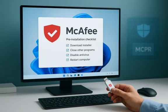 A hand holds a USB drive as a PC shows a McAfee pre-installation checklist on screen.