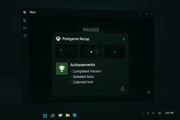 Xbox Postgame Recap overlay displaying three achievements after a paused game.