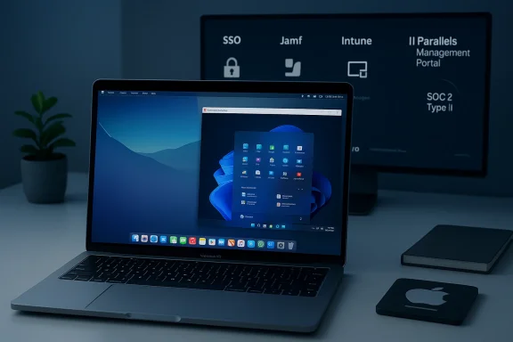 MacBook Pro on a desk, displaying a Windows-like start menu on its screen.