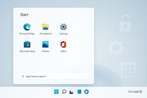 A Windows-style Start panel displaying six app icons on a light card. A Windows-style Start panel displaying six app icons on a light card.