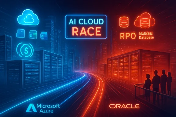 Neon-lit cityscape of data servers with AI Cloud RACE, Azure and Oracle logos. Neon-lit cityscape of data servers with AI Cloud RACE, Azure and Oracle logos.