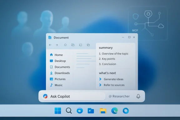 Windows-like document window with a right-side summary panel on a blue gradient desktop.