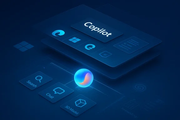 A futuristic UI with a Copilot card atop layered panels and a glowing blue-orange orb.