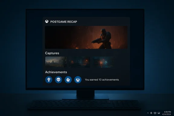 A PC monitor displays a postgame recap screen with a large hero image, captures, and achievements.