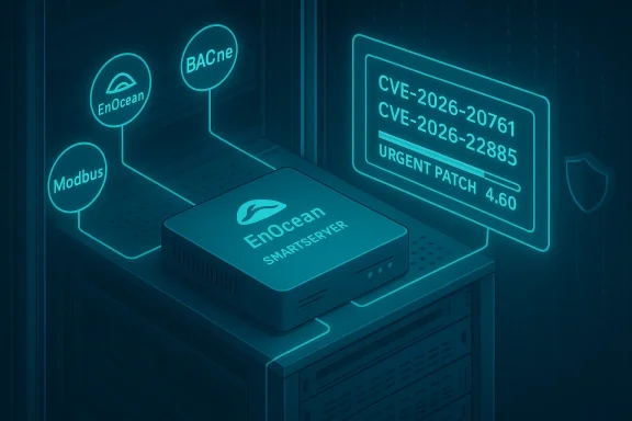 Neon blue server rack featuring EnOcean SmartServer and urgent CVE patch notes.