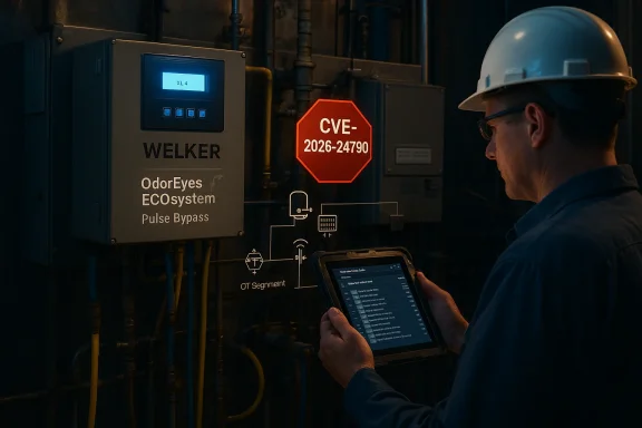 Worker in a hard hat uses a tablet to monitor the OdorEyes ECOsystem beside a CVE-2026-24790 sign.