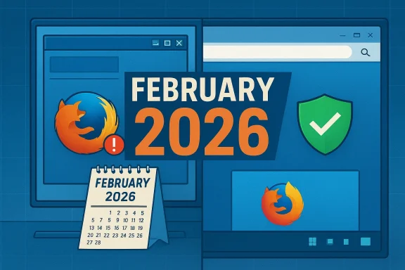 February 2026 tech-themed collage featuring Firefox logos, a calendar, and a green shield.