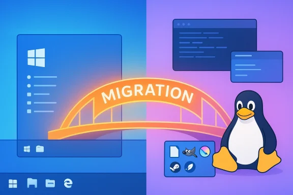 Windows-to-Linux migration illustration featuring a glowing 'Migration' bridge and the Linux penguin. Windows-to-Linux migration illustration featuring a glowing 'Migration' bridge and the Linux penguin.