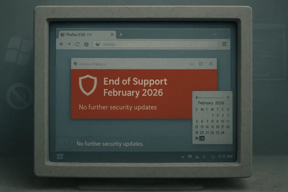 Retro computer screen shows a red alert: End of Support February 2026, no further security updates.