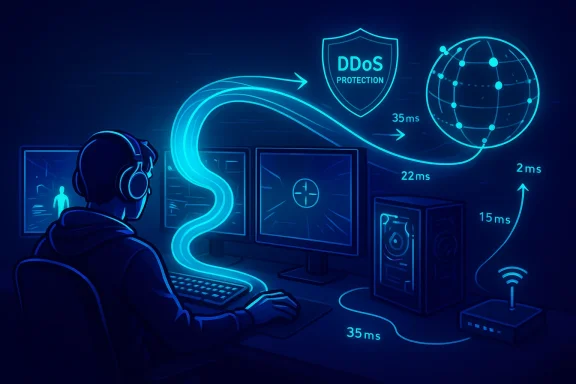 Neon blue cybersecurity scene showing DDoS protection shielding a global network.