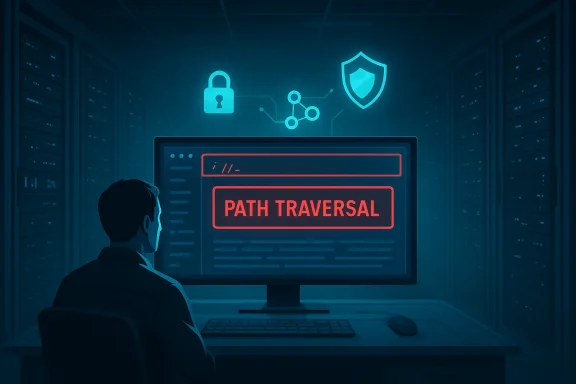 A person in a data center watches a monitor displaying PATH TRAVERSAL.