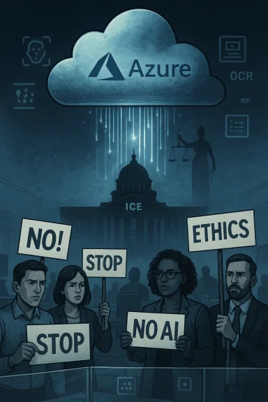 Protesters with NO AI and ETHICS signs confront a looming Azure cloud above ICE. Protesters with NO AI and ETHICS signs confront a looming Azure cloud above ICE.