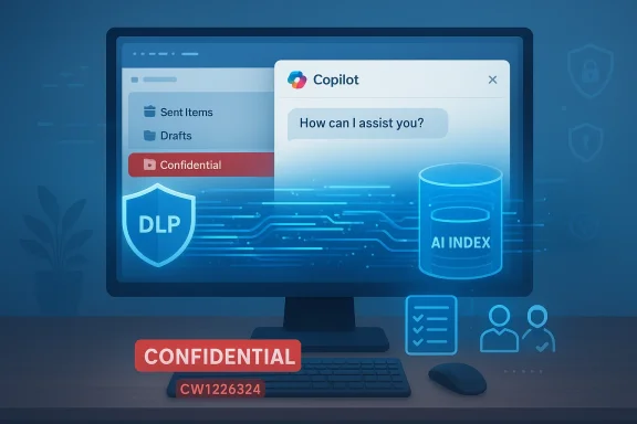 Computer screen displays confidential data with a DLP shield and AI index visuals.