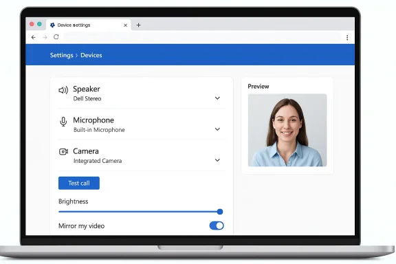 Laptop shows a Settings > Devices panel with Speaker, Microphone, Camera options and a preview image.