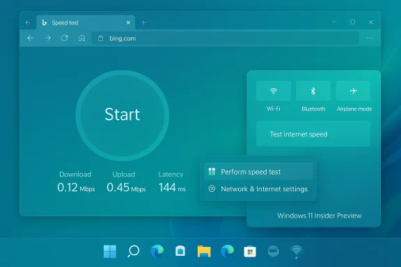 Windows 11-style speed test UI with a big Start button and Mbps network metrics.